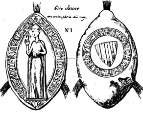 Grabado de un sello de Beatriz de Provenza. Beatriz sostiene la flor de lis; por el otro lado, las armas de Provenza.